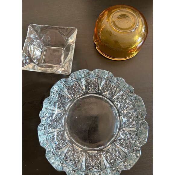 Amber Thick Clear Crystal Glass Set Of 3 Cigarette Ashtray Decorative Vintage - Picture 7 of 9